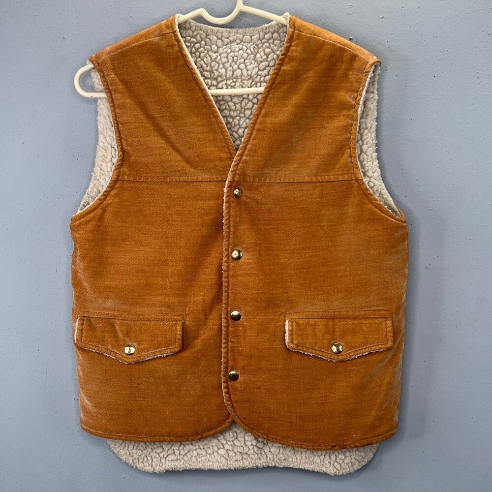 Vintage Westwind Sportswear Sherpa Lined Vest L XL Men Tan Snap Cowboy Western